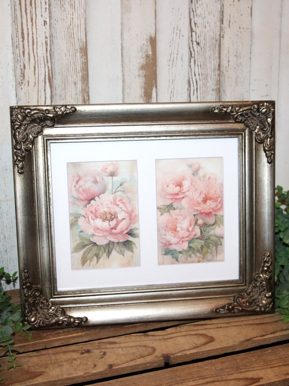 Ornate Shabby Chic French Country Pink Floral Silver Framed Wall Decor Picture
